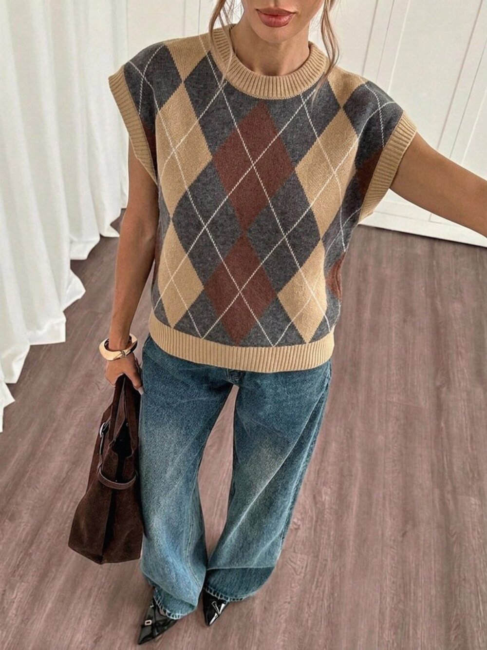 Multicolor Casual Women's Striped Argyle Jacquard Knit Top - Picture 3 of 5